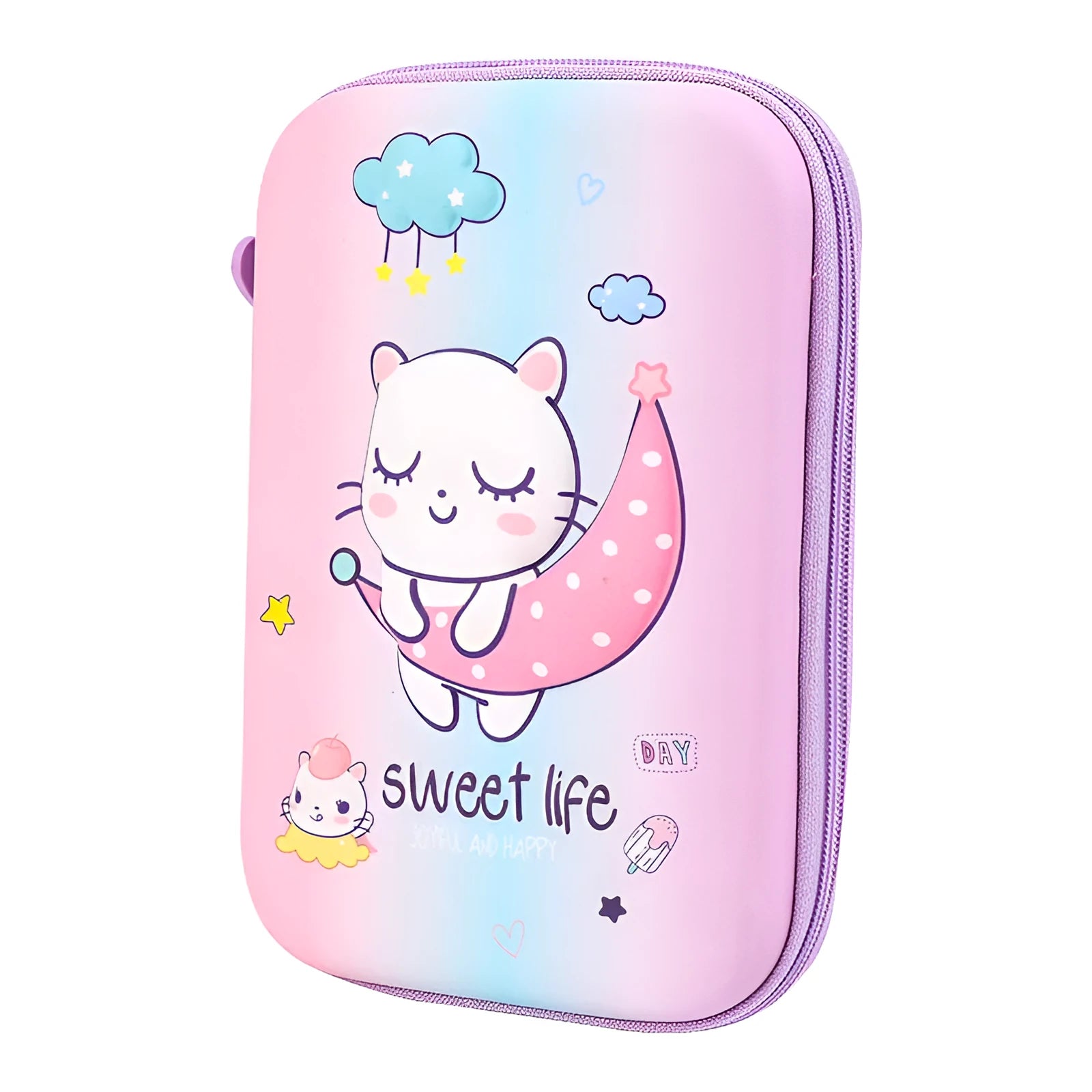Square canvas pencil case with cartoon anime design, zip closure, and large storage capacity.