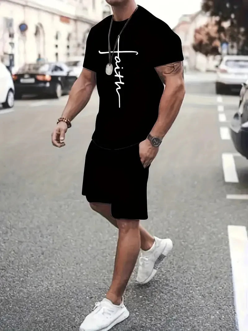 Casual sports suit round neck short sleeve 3D digital print two-piece set polyester fibre summer