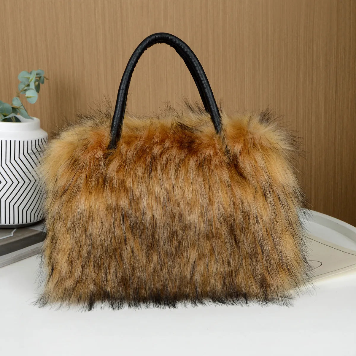 Soft plush handbag shoulder tote with double straps and three-dimensional outer pocket in multiple colours