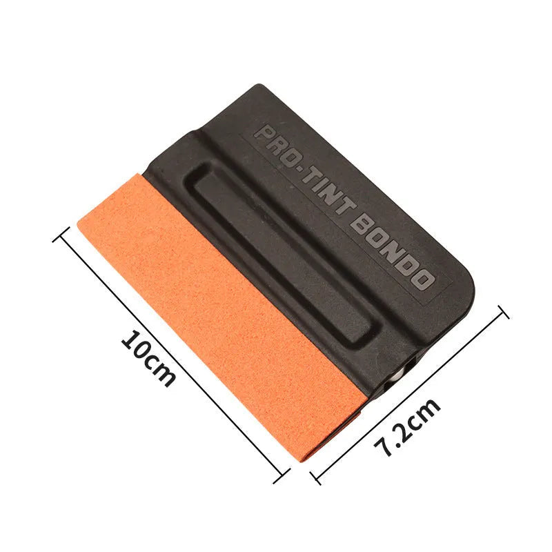 Car vinyl wrap scraper tool with black ABS plastic handle and interchangeable blue deerskin scraping pad.