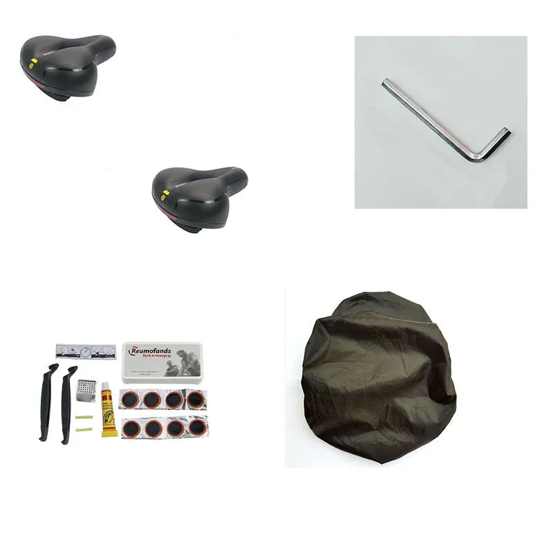 Bicycle saddle cushion with soft silicone padding and waterproof cover, includes wrench and tyre repair kit