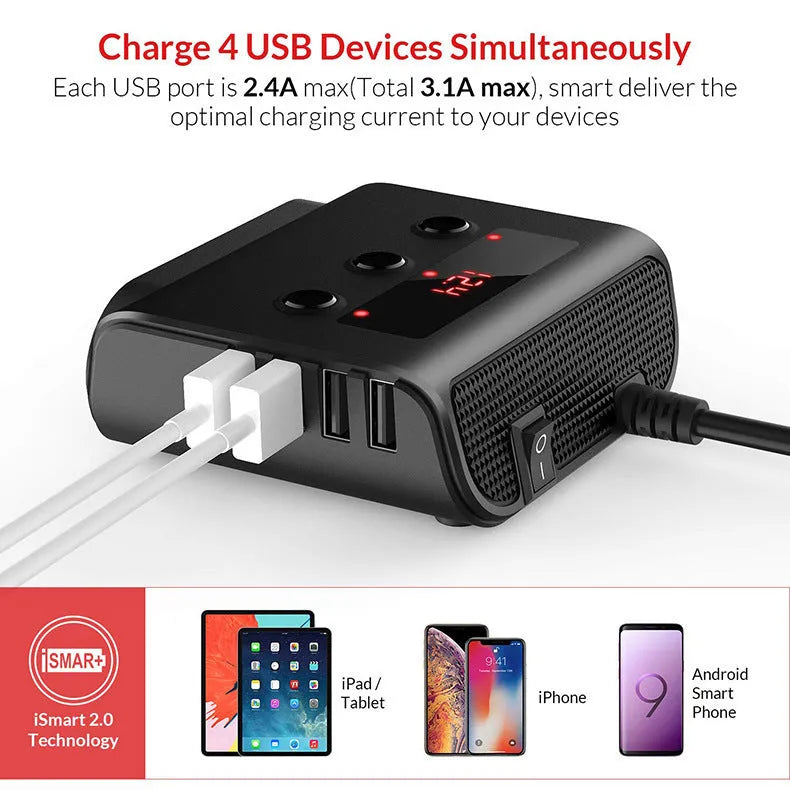 Black ABS car charger with 4 USB ports and 3 cigarette lighter ports on a 12V extension cable