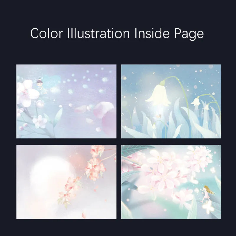 A5 notebook with luminous cover open to show colourful illustration pages, in Deep Blue, Gold, Light Blue, and Purple colour options.