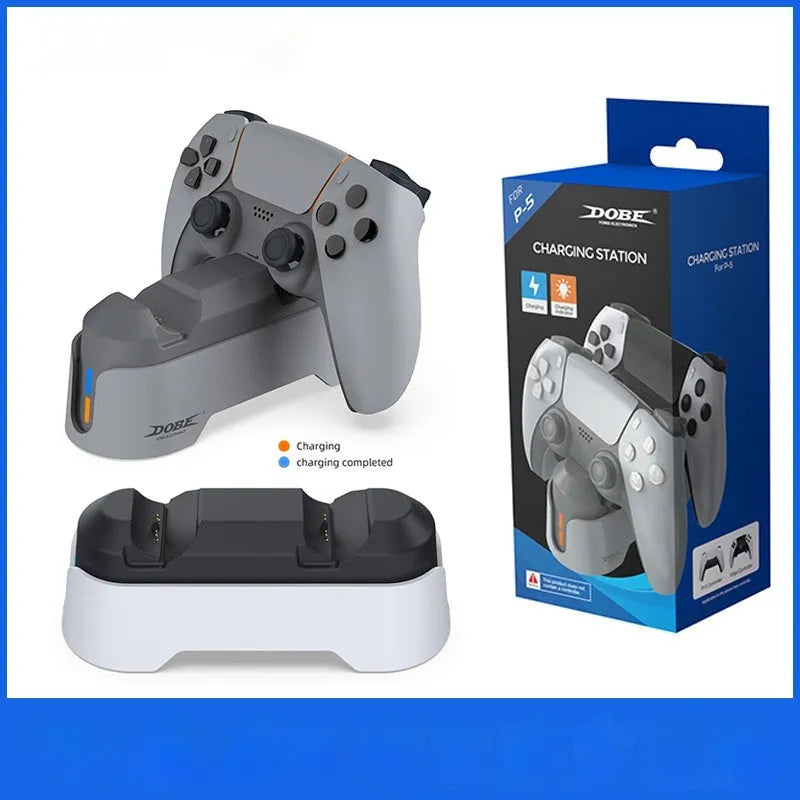 Gray PS5 dual-seat gamepad charger with display light and TYPE-C interface on a desk