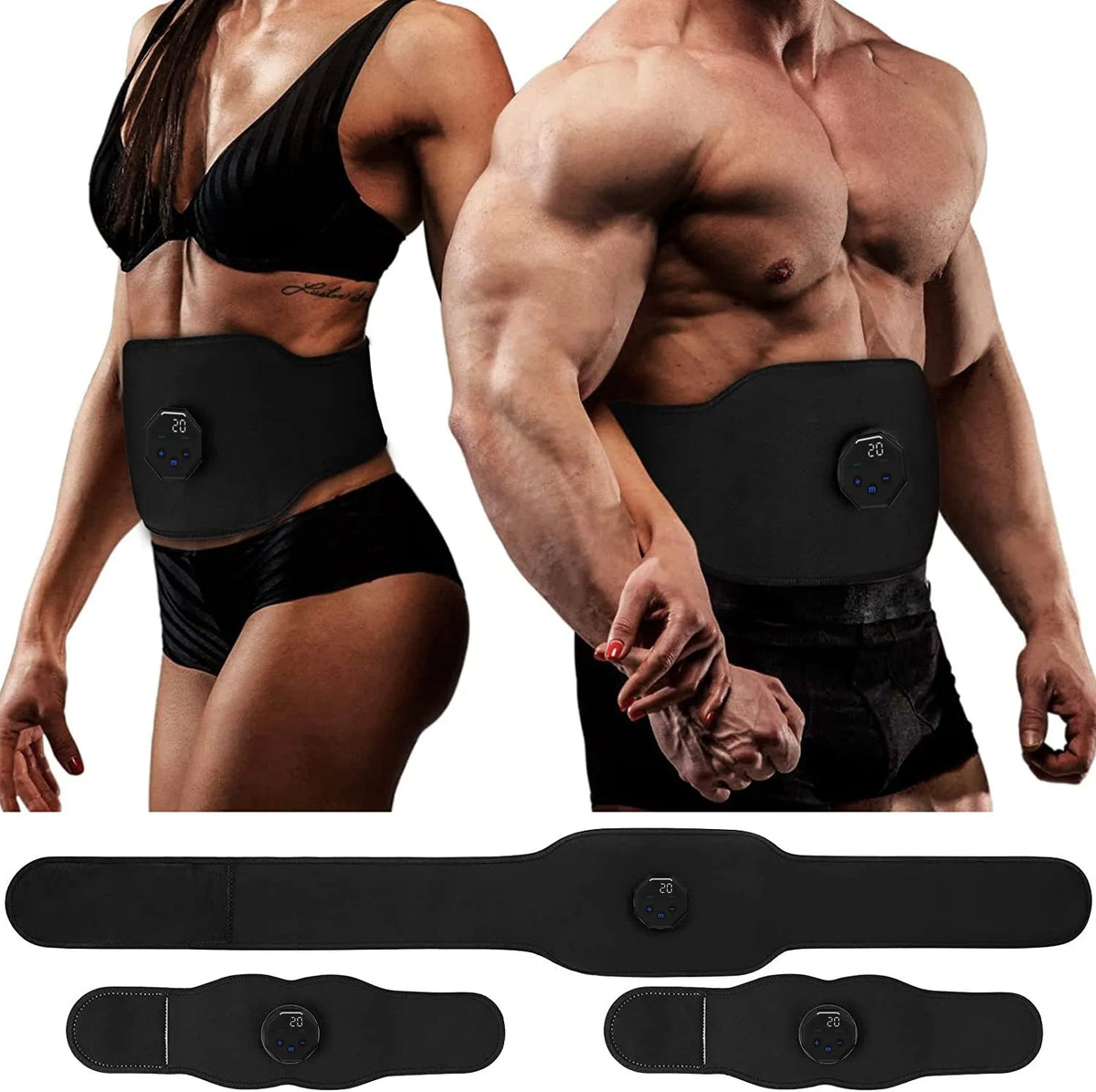Black rechargeable EMS abdominal sticker set with display, 118 cm length, three pieces