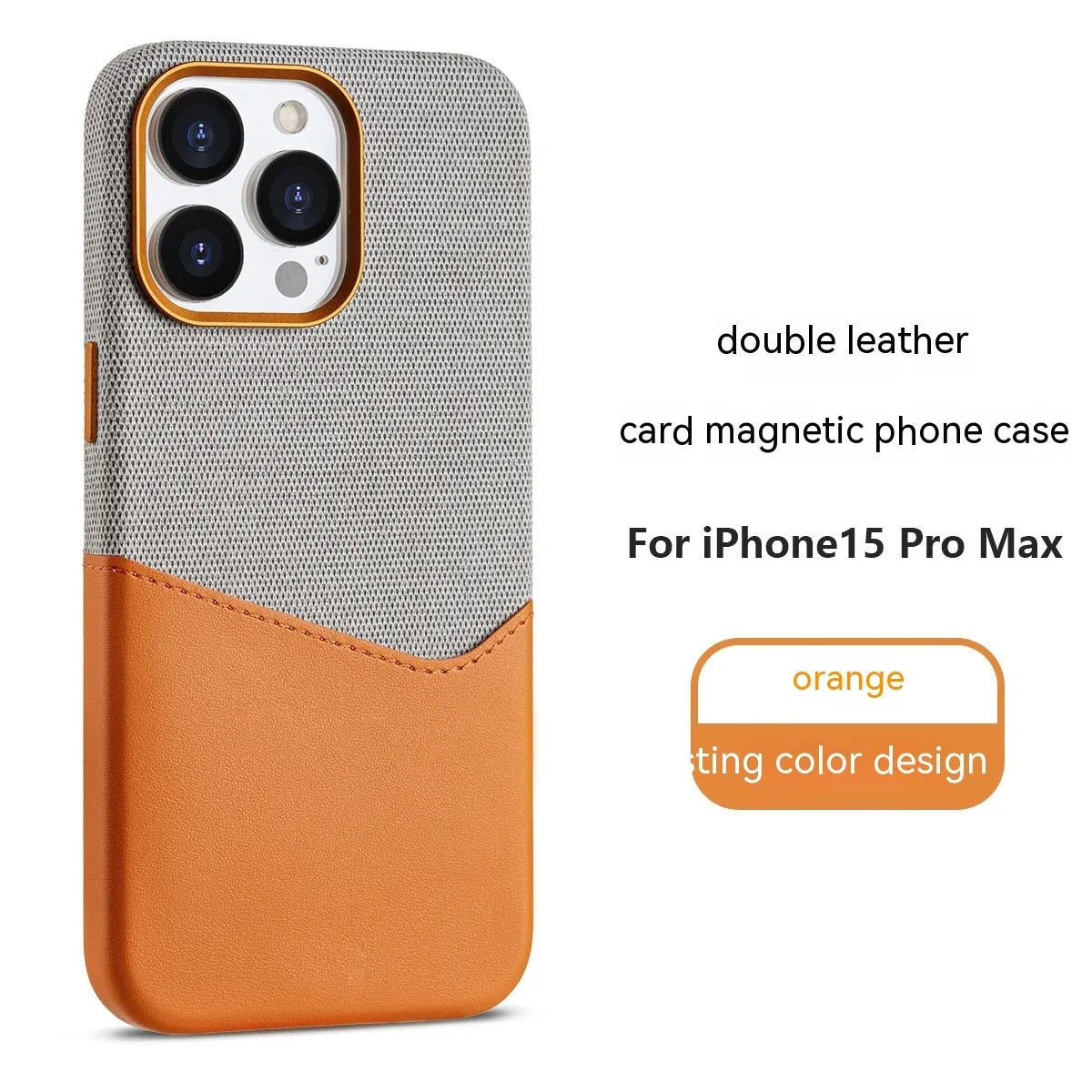 Leather magnetic card phone case in orange colour matching with card holder on back for iPhone