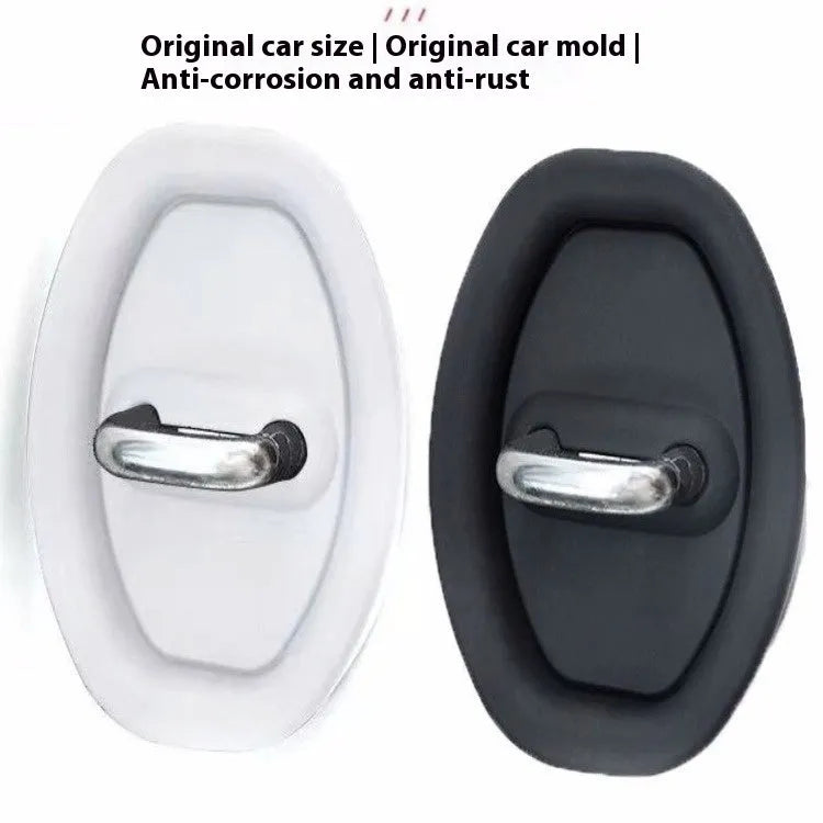 Black silicone car door lock crash pad measuring 8.6cm by 7cm on a car door