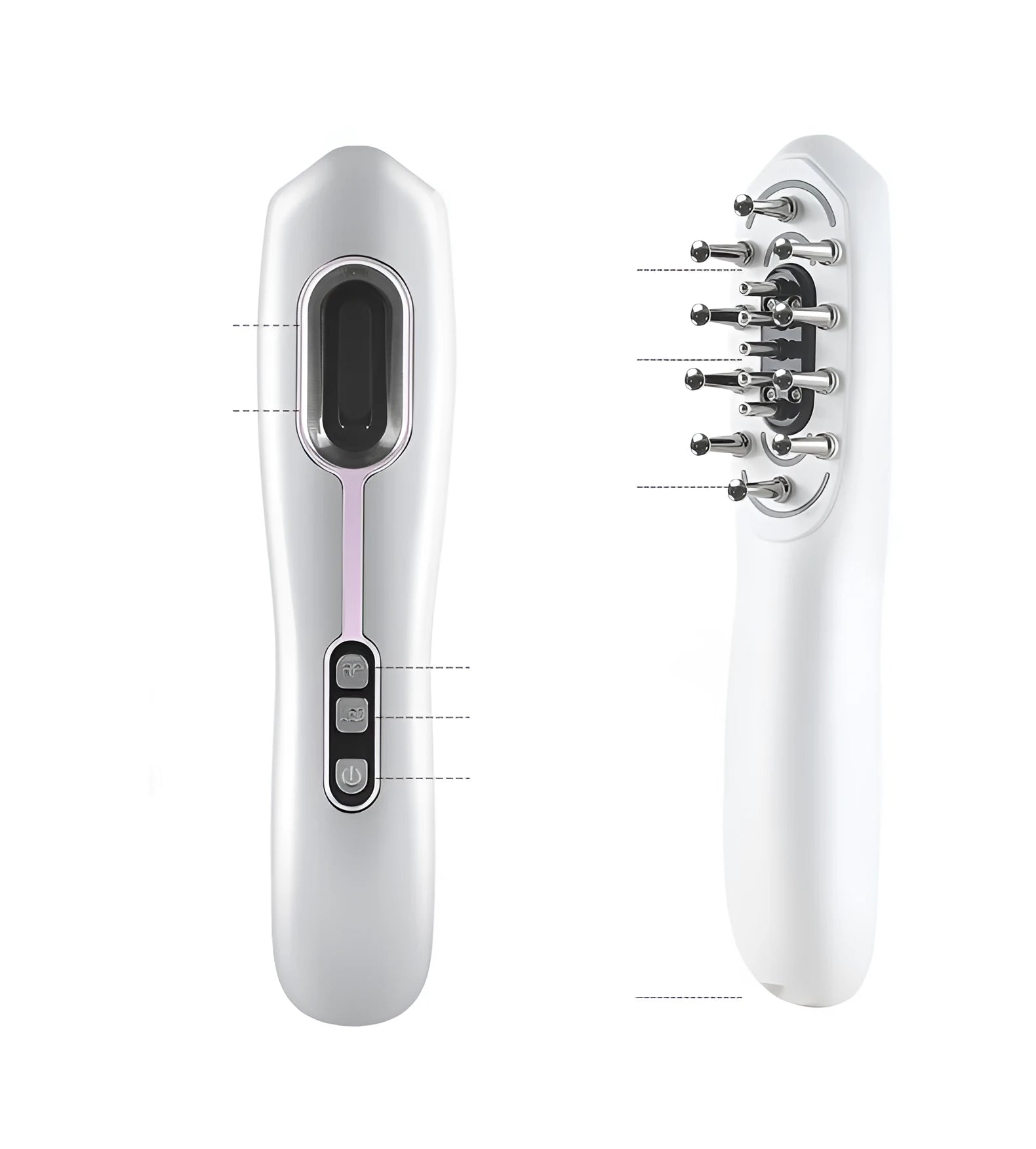 Healthy Comb micro-current radio frequency head massage claw in 3808 white, front view showing push button and magnetic massage claws.