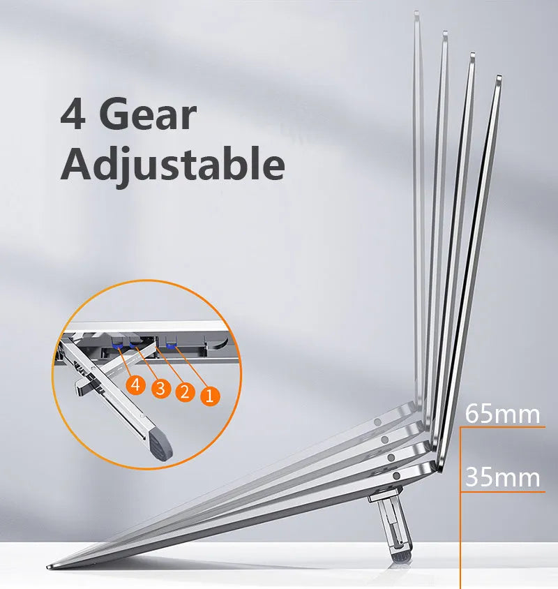 Aluminium adjustable laptop cooling bracket in silver or grey on desktop