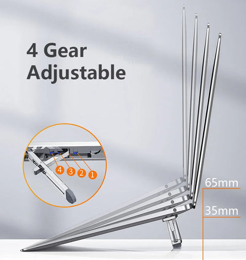 Aluminium adjustable laptop cooling bracket in silver or grey on desktop