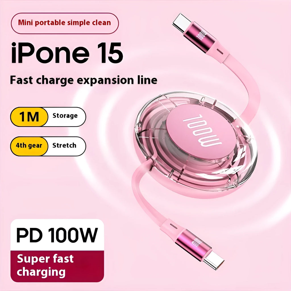 Multi-functional free stretch fast charge data cable Type-C to Type-C 100W 1m in black