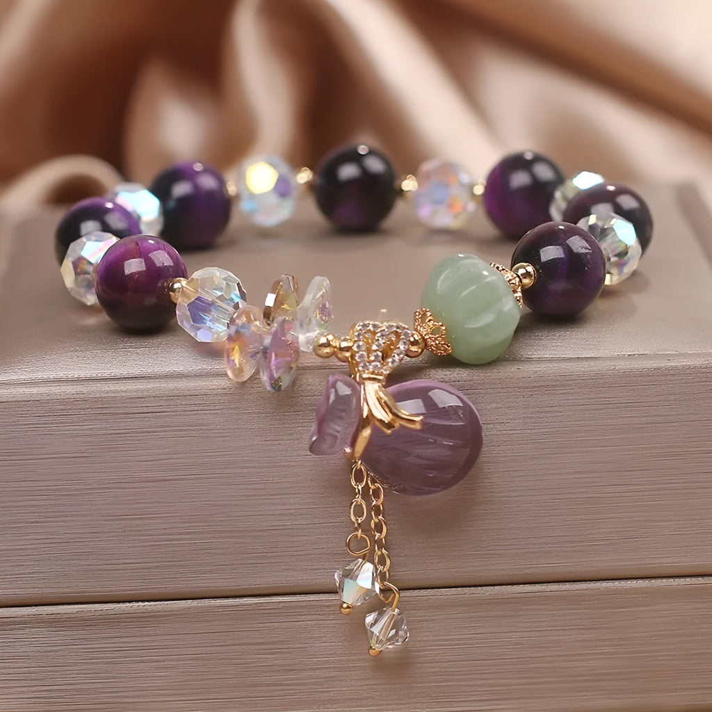 Forest style women's crystal bracelet with purple tigereye money bag pendant and rhinestone decoration