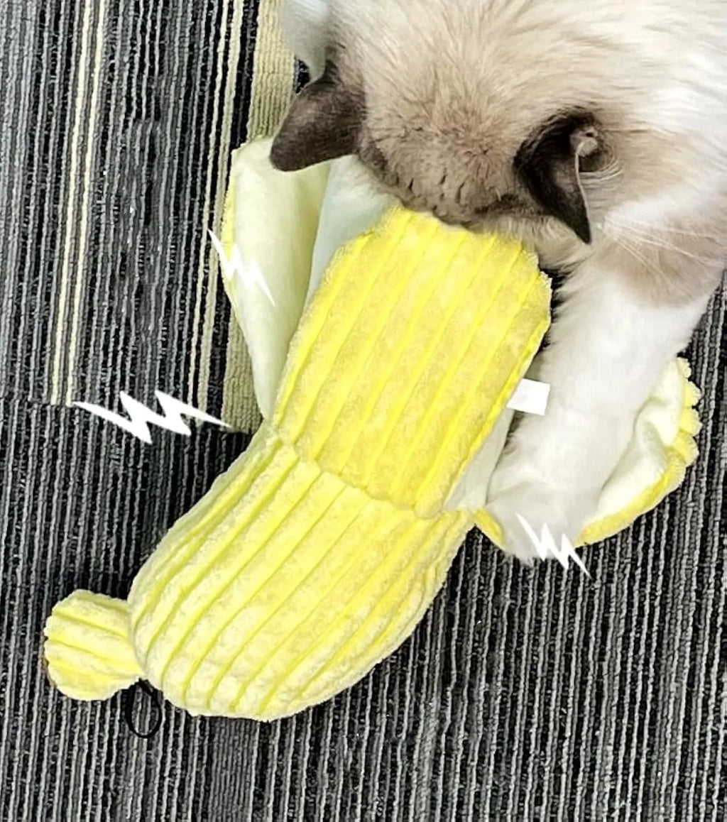 Yellow banana-shaped cat crinkle toy measuring 13 inches long with plush fabric