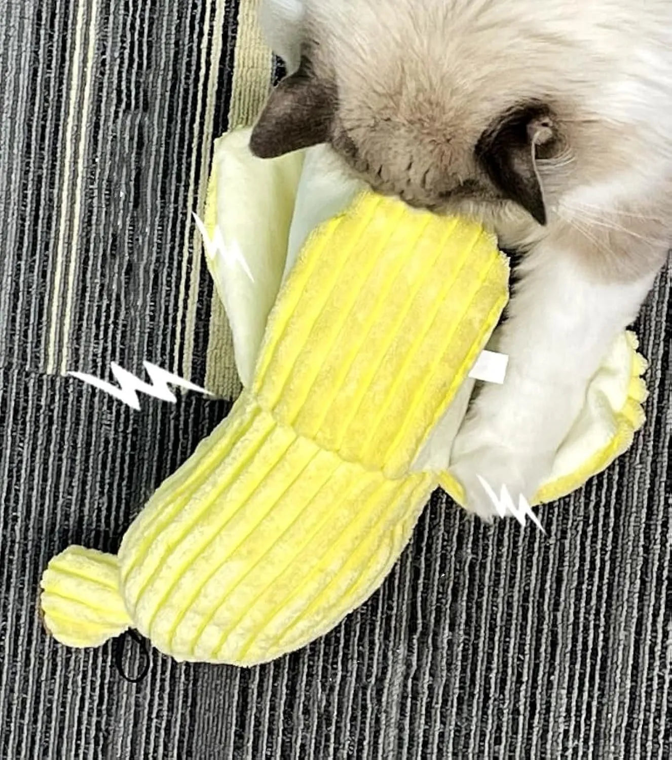 Yellow banana-shaped cat crinkle toy measuring 13 inches long with plush fabric