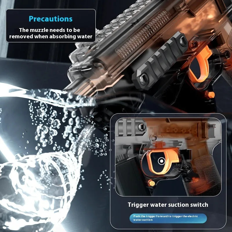 MK3 Fire and Dancing Water Gun toy in transparent black with large ammunition drum and strobe light