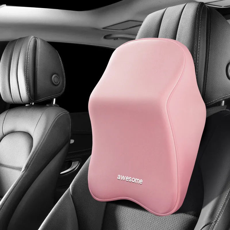 Memory foam car lumbar pillow and headrest set with geometric pattern in black, grey, green, or pink options