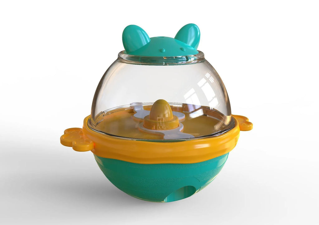 TPR dog food dispenser toy in lake blue or yellow colour for interactive feeding