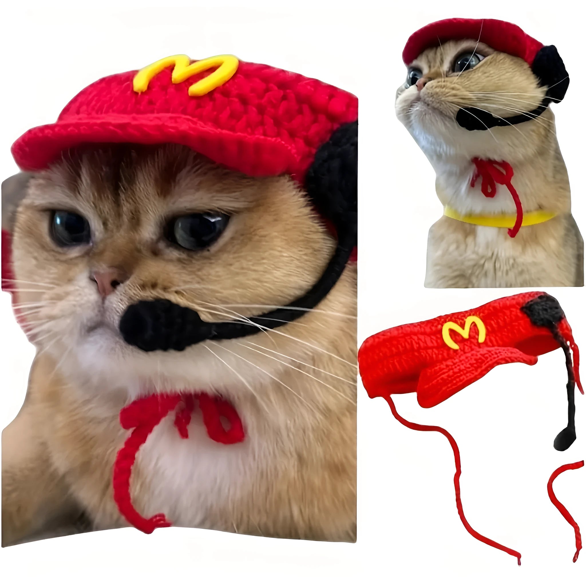 Handmade cotton knitted pet chef hat costume on small dog with elastic neck base