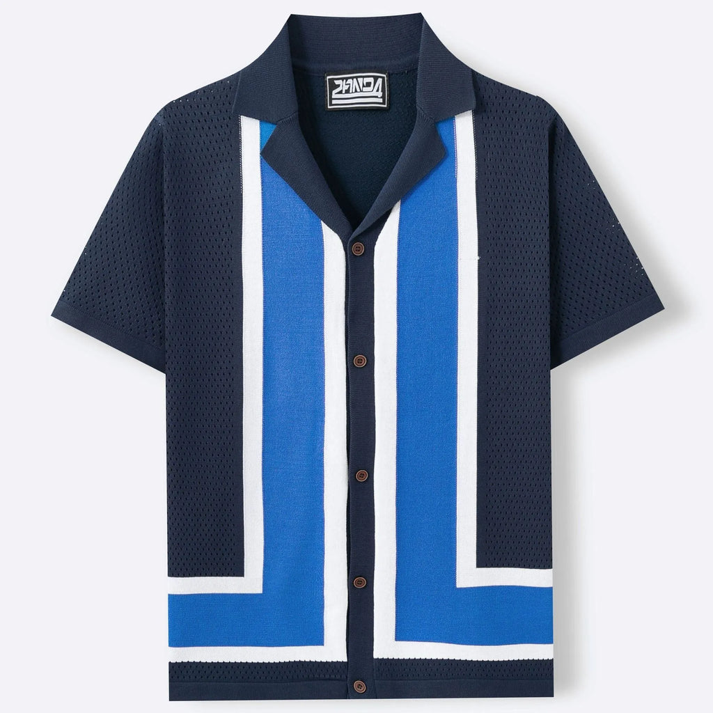 Men's striped contrast colour knitwear top in dark blue with short sleeves and flocking texture, regular fit leisure wear