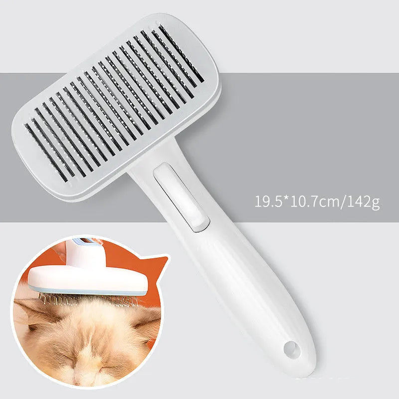 Automatic pet hair removal comb for dogs and cats in blue, grey, green, or pink colour options