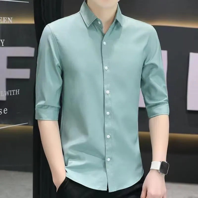Men's slim-fit half-sleeve shirt in linen blend fabric shown in light blue colour.