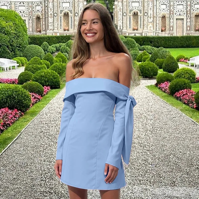 Women's off-shoulder slim-fit long-sleeved dress in pink polyester with short skirt
