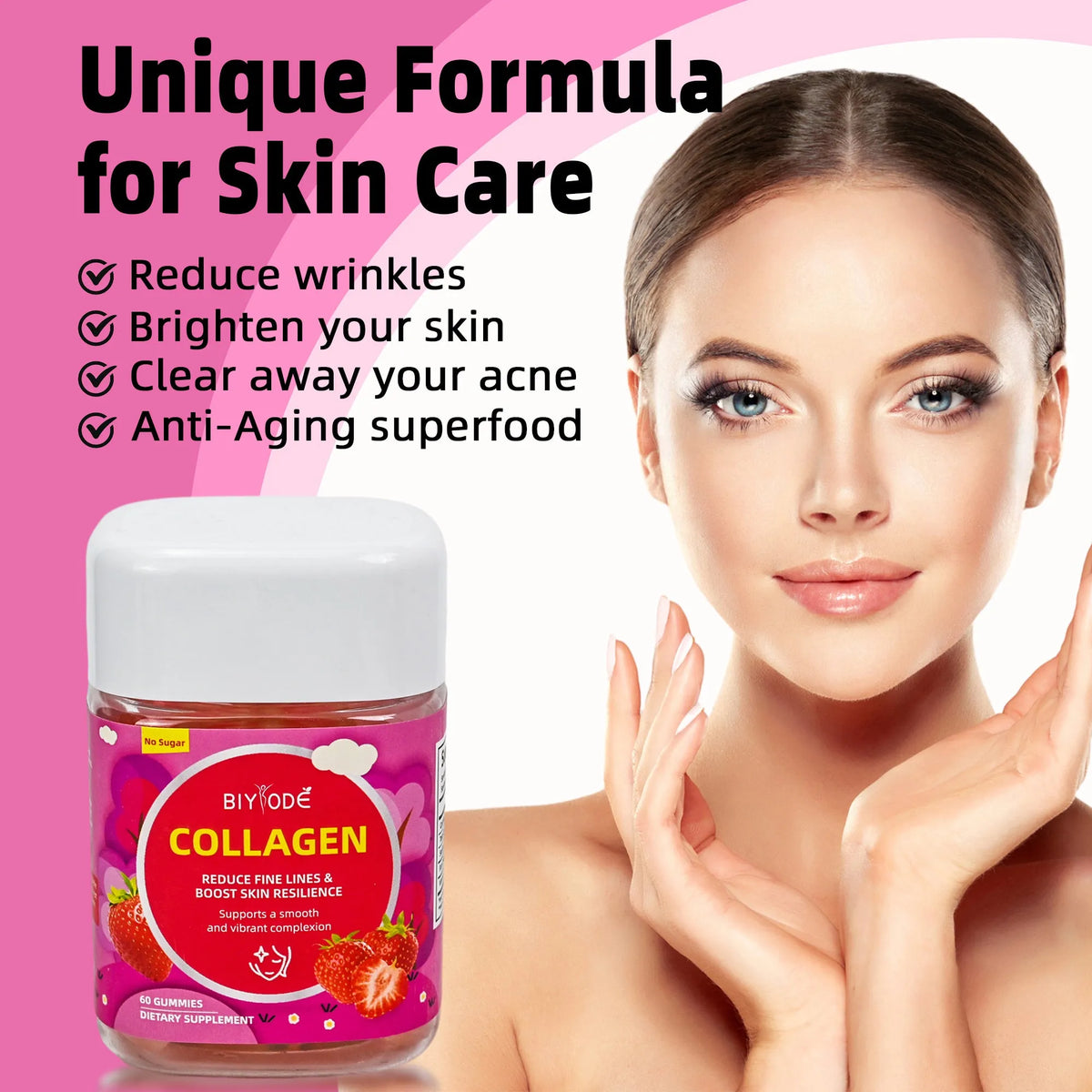Bottle of strawberry flavoured collagen gummies for hair skin and nails – 60 gummies