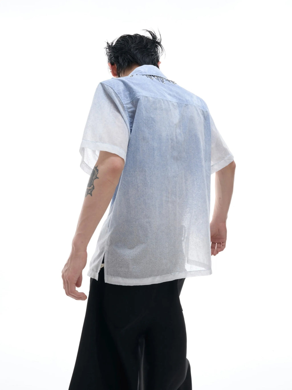 Blue and white gradient short-sleeve loose-fitting shirt for summer casual wear.