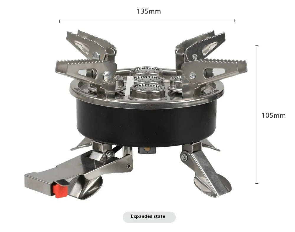 Silver portable split camping stove made of stainless steel and copper, shown folded with gas hose.
