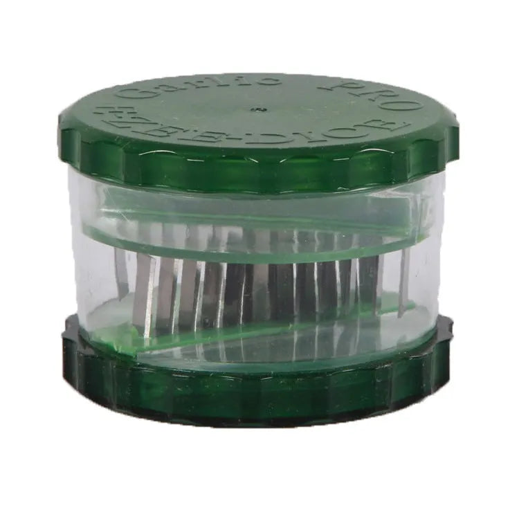 Green transparent polypropylene garlic peeler kitchen tool measuring 8.5 by 8.5 by 6 cm.