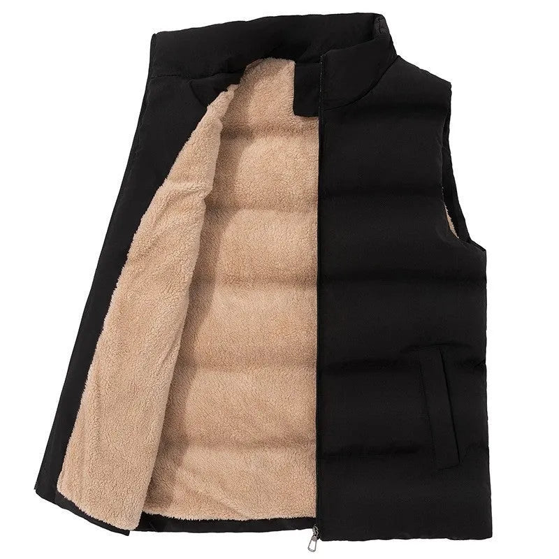 Men's winter fleece lined coat with wool lining in black, cardigan style, sizes M to 5XL