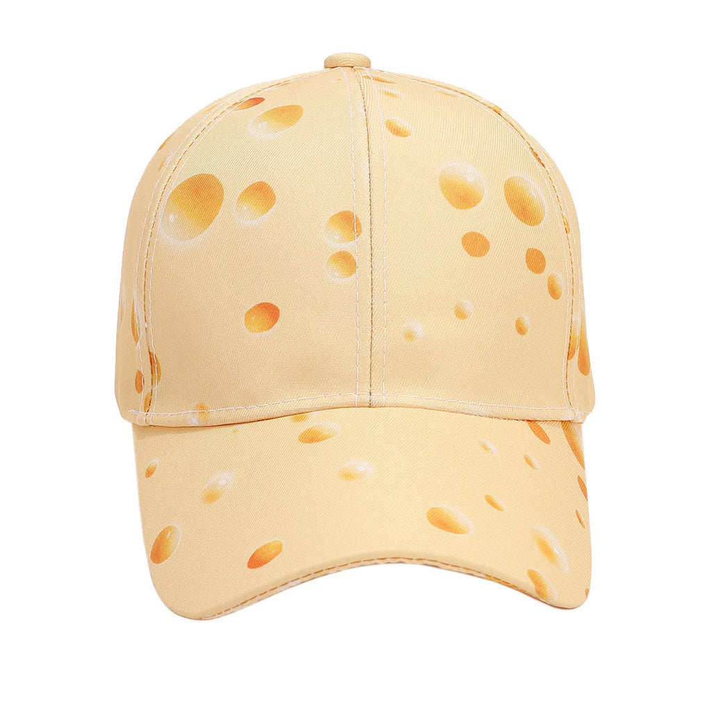 Cheese pattern printed adjustable peaked cap with dome crown style