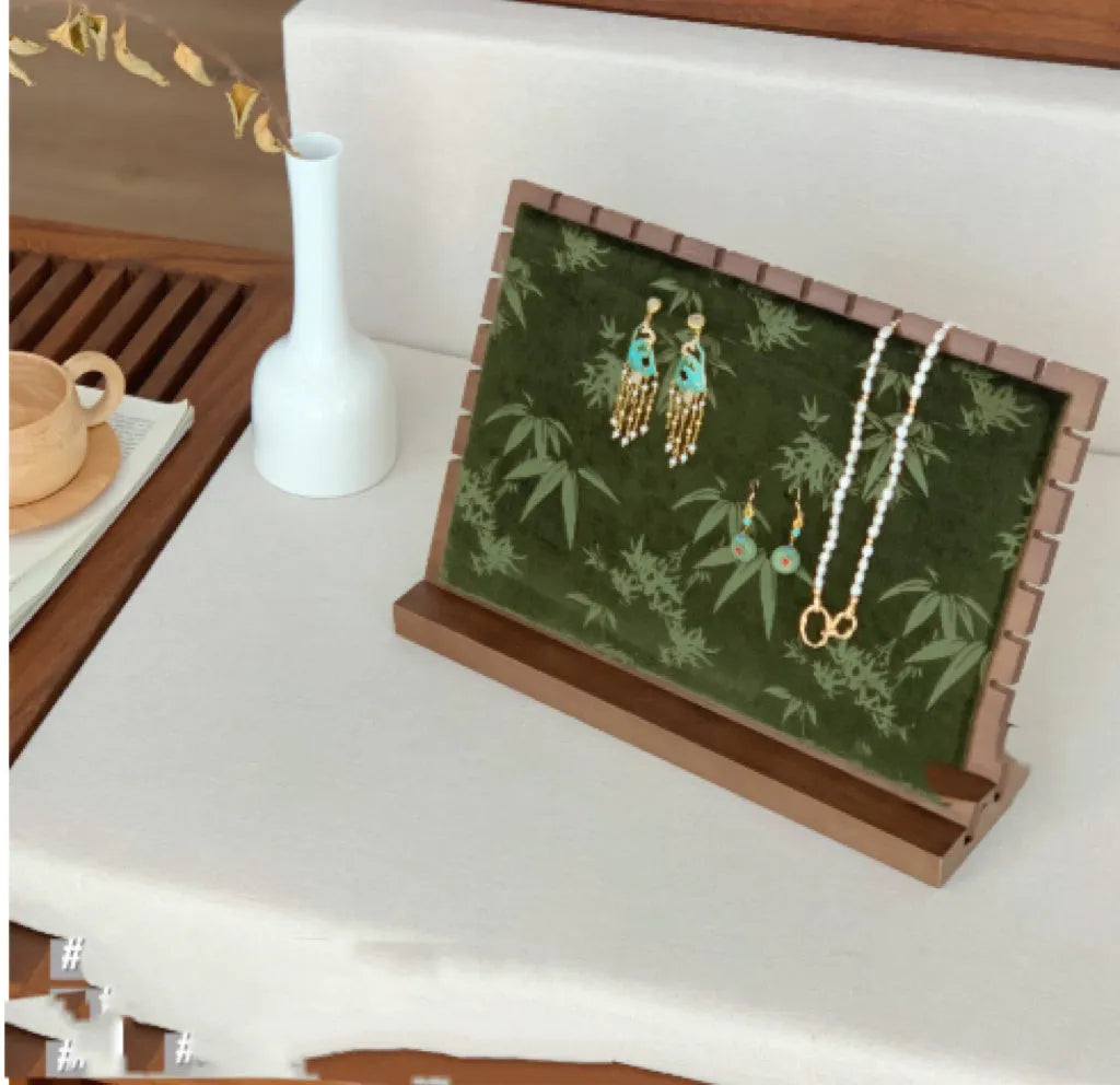 Solid wood walnut necklace display stand with ink painting bamboo design jewellery rack