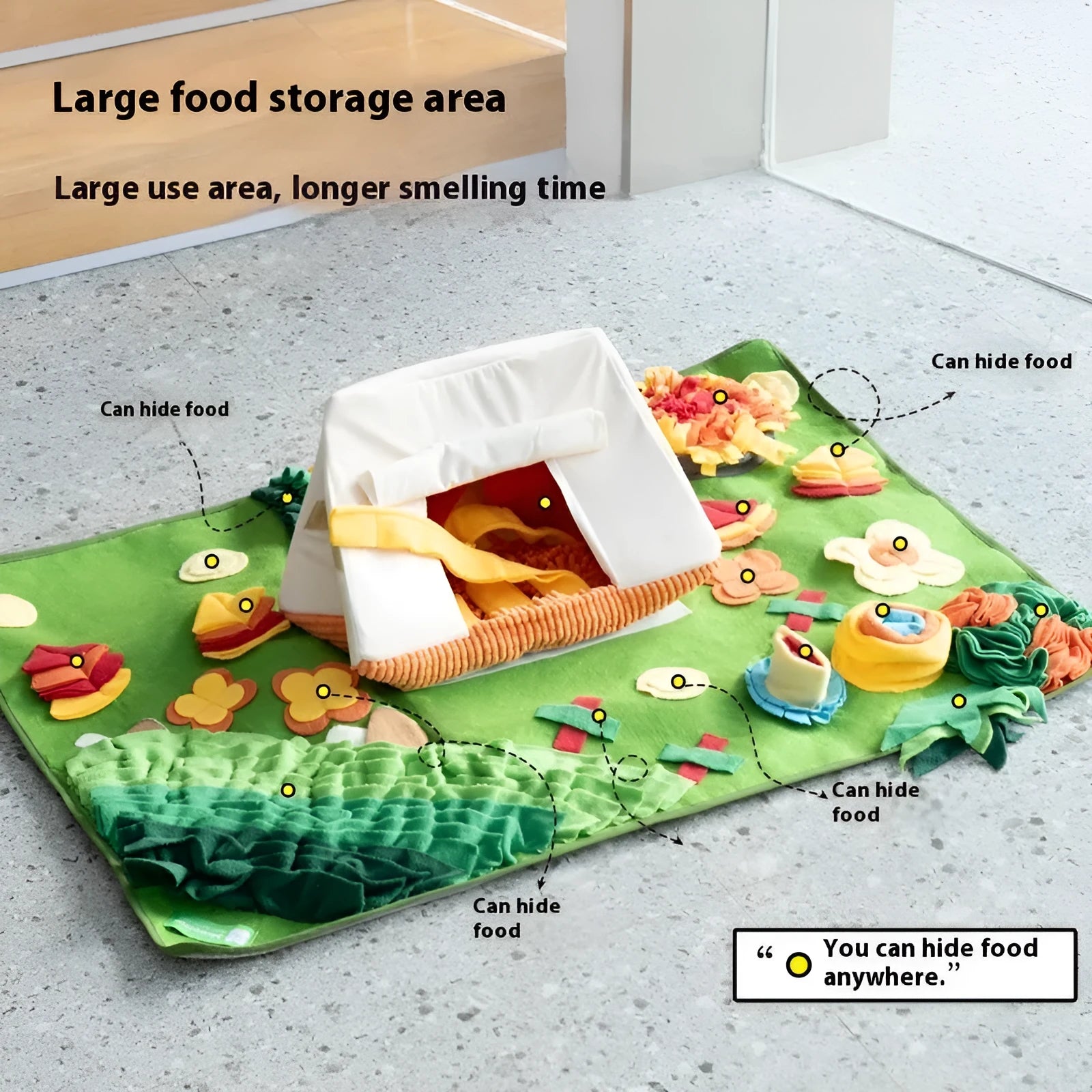 Dog sniffing mat with themed pattern for hiding treats and mental stimulation