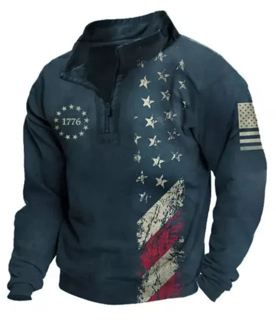 Man wearing a loose-fit long sleeve golf top with retro colour printing and a zipper decoration detail.