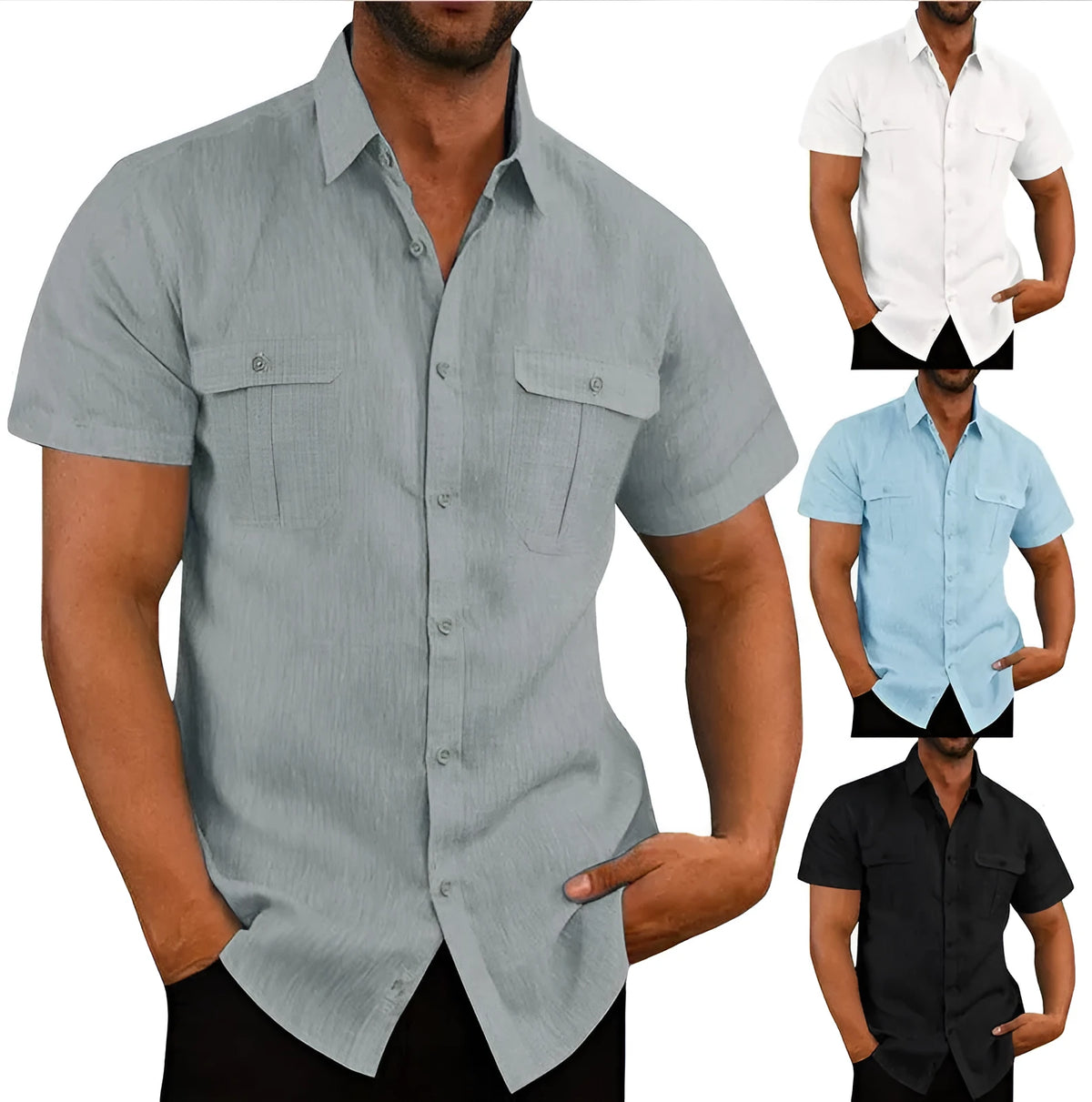 Men's solid colour hemp blend short sleeve shirt with double pockets and wide collar, front view