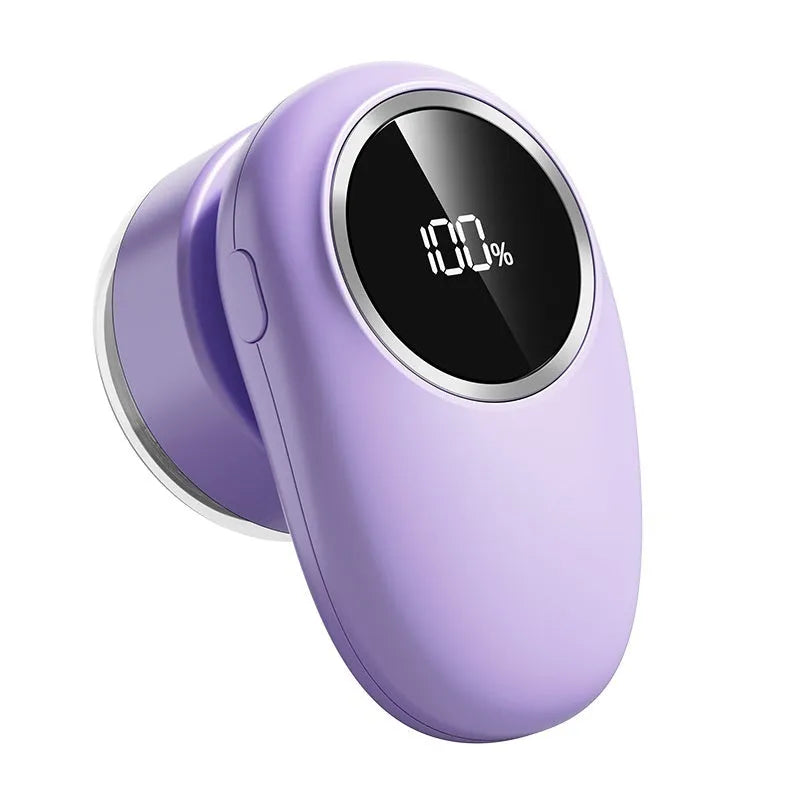 Beige and purple digital display fur ball trimmer with multiple cutter heads and USB cable