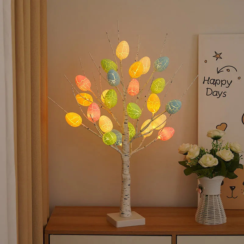 60cm white LED birch tree with black trunk details and warm white cracked egg ornaments on adjustable branches