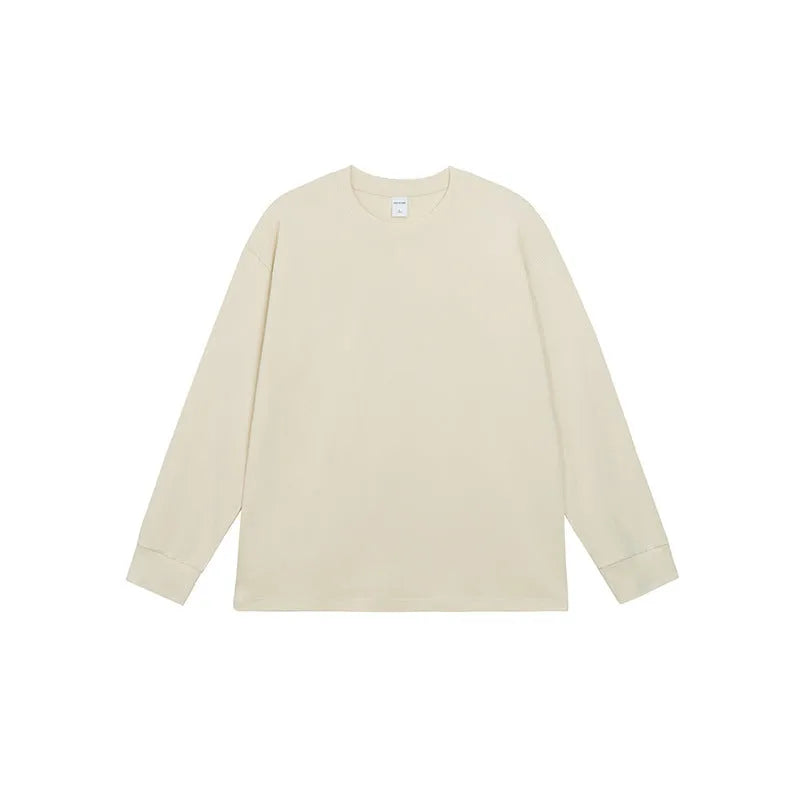 Men's loose fit solid colour cotton long-sleeved T-shirt on a hanger.