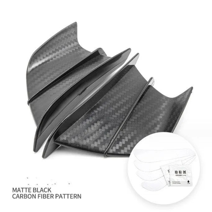 Universal motorcycle spoiler wing accessory measuring 18x8cm with four surface pattern options
