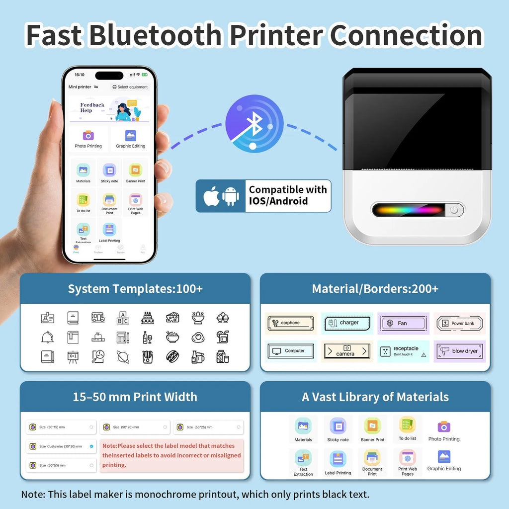 U1 self-adhesive compact portable wireless Bluetooth thermal printer pocket mini label maker in black