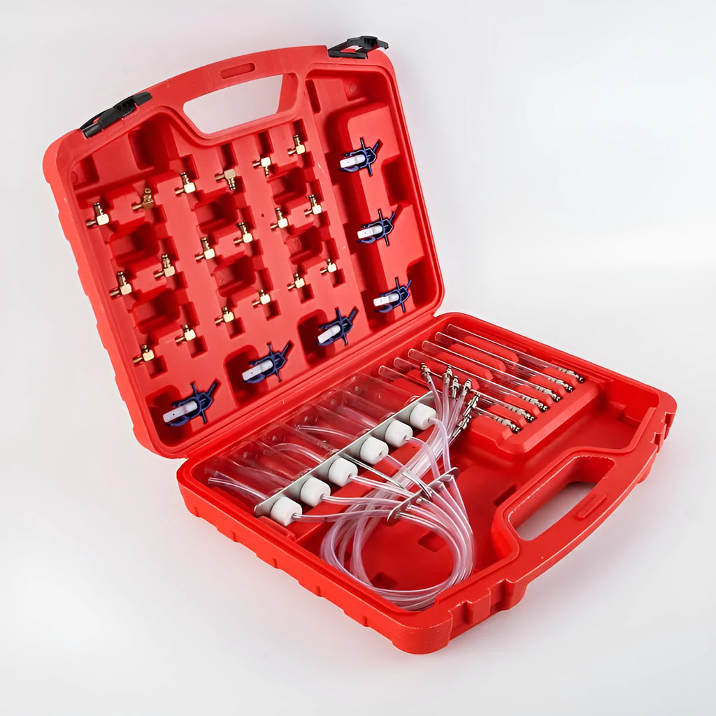 Brass and plastic fuel injection flow meter measuring 37.5cm by 27.5cm for vehicle diagnostics