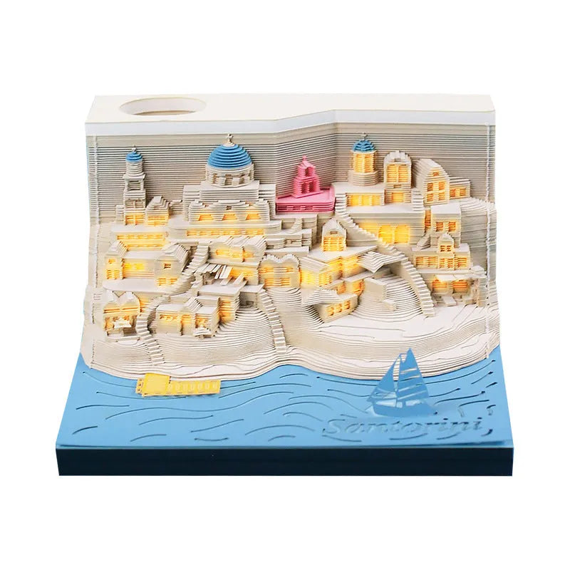 Santorini beach scene 3D paper carving notepad showing architectural model details