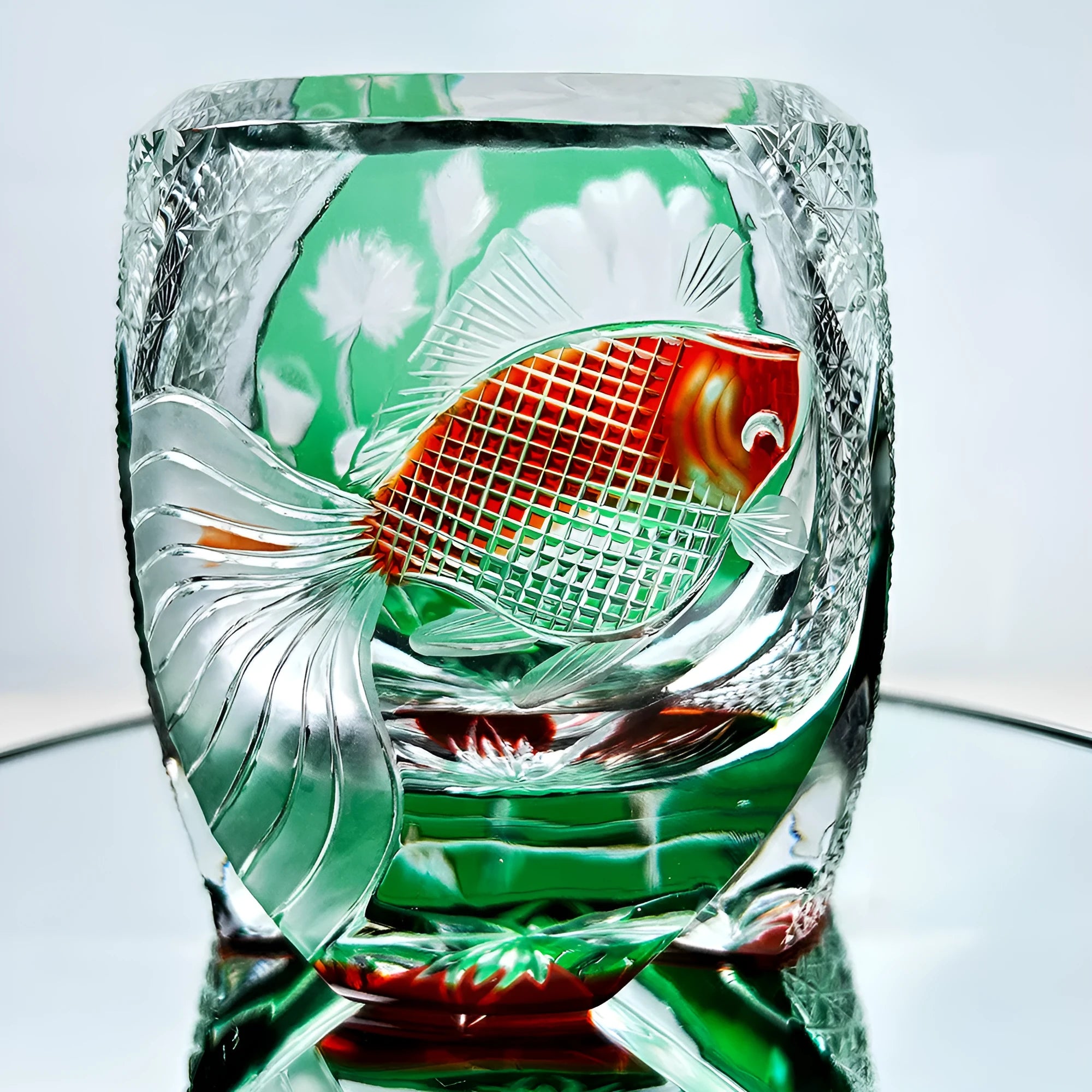 Edo crystal glass whiskey shot glass carved pattern cylindrical assorted yellow green on surface