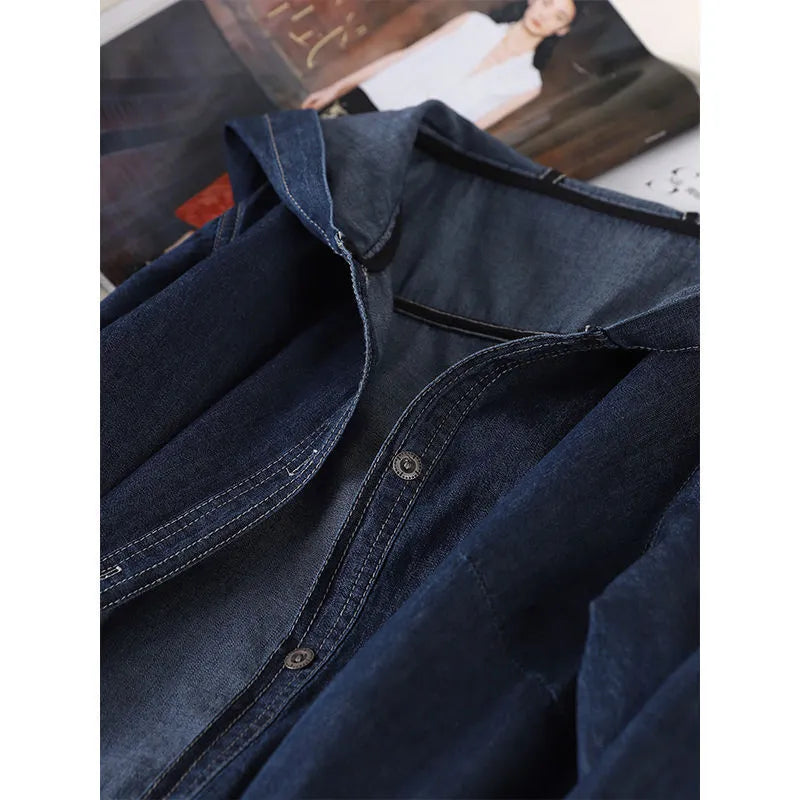 Long sleeve solid colour hooded denim top in Denim Blue with large front pocket