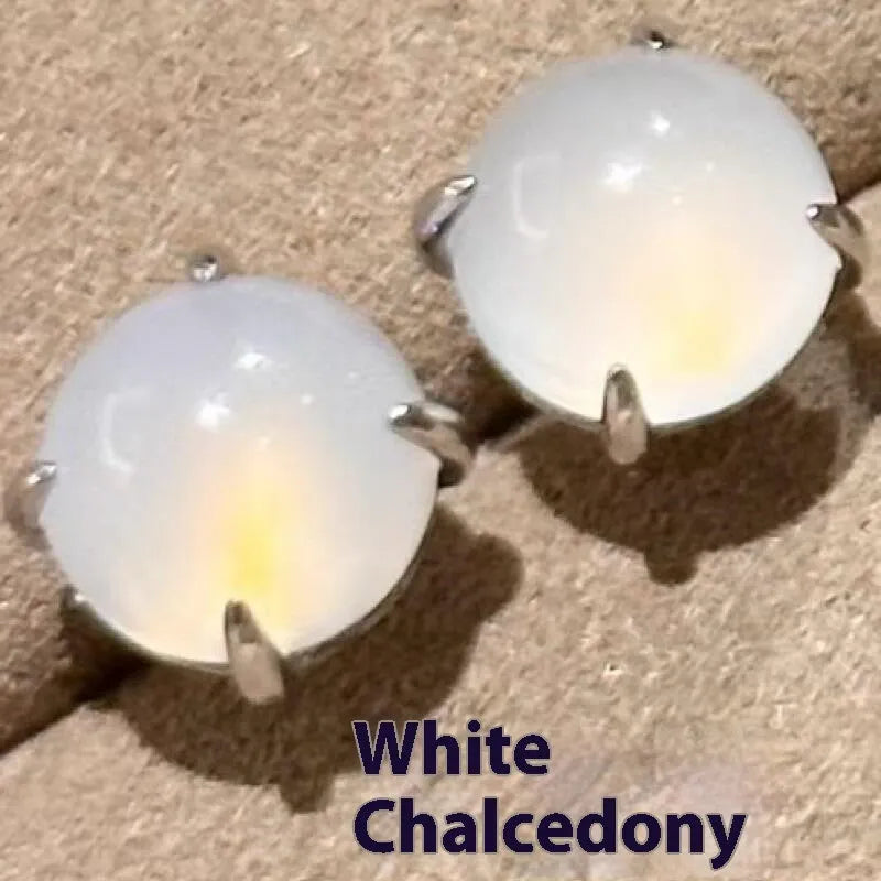 Chinese style round chalcedony stud earrings with four-claw settings in three colour options