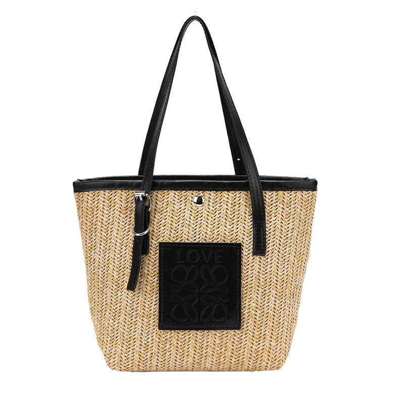 Women's retro style straw woven shoulder bag in black with large capacity and three-dimensional pocket