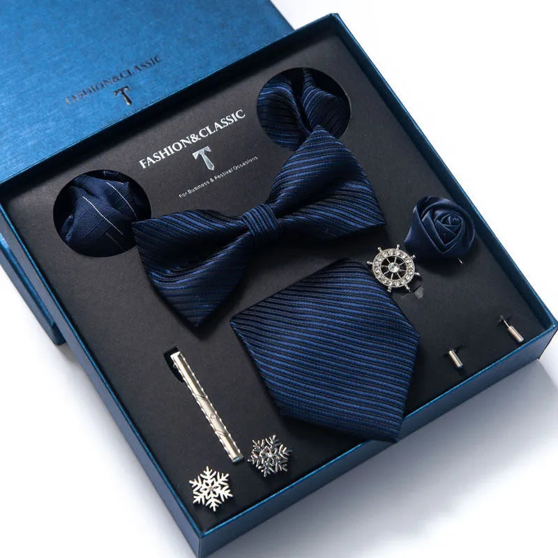 Men's 8-piece rayon jacquard bow tie set, heart shape arrow style, monochrome pattern, 146cm length