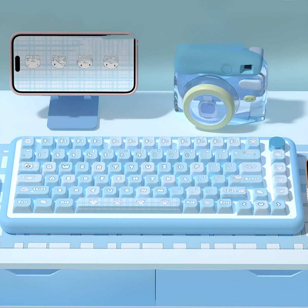 Watercolour kitten design PBT keycap set for mechanical keyboards, showing 138-key and 158-key full kit options.