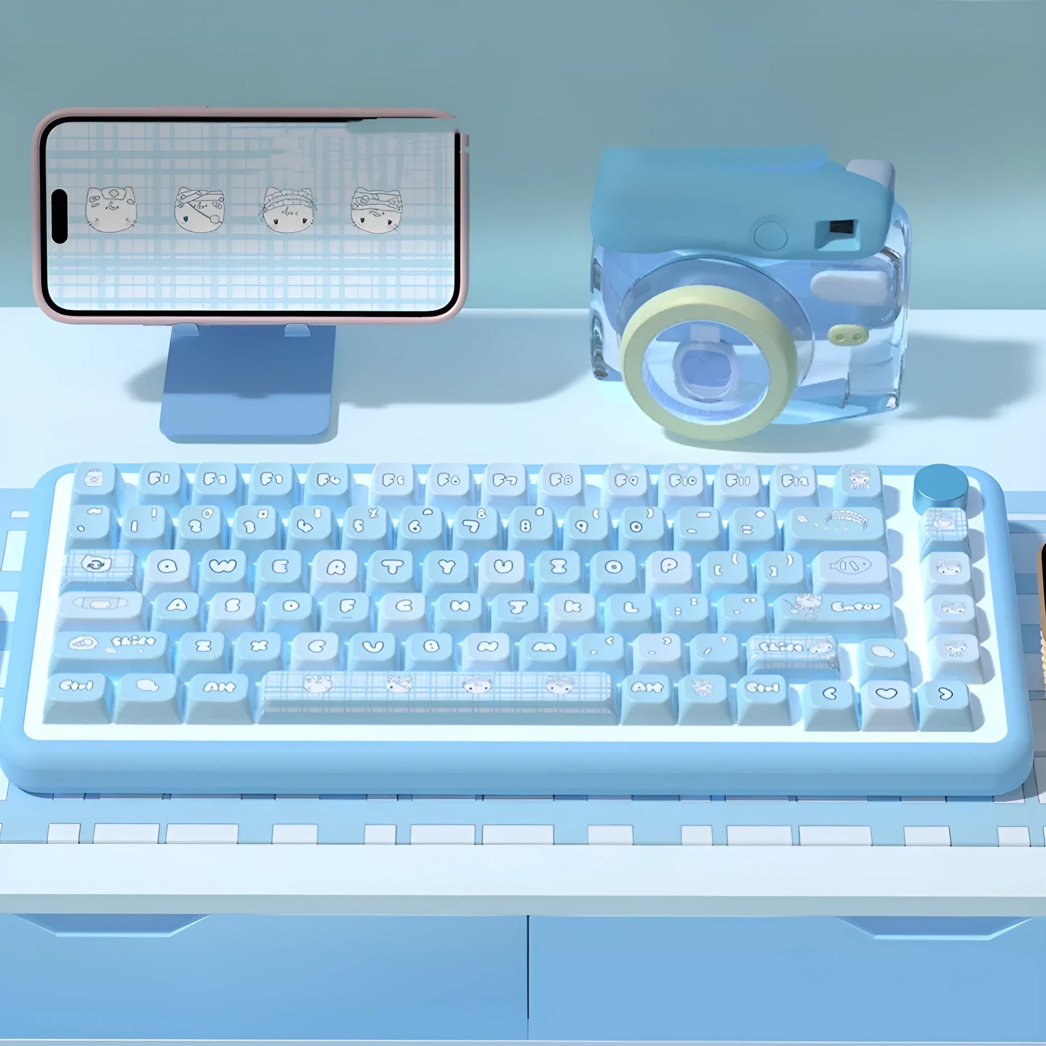 Watercolour kitten design PBT keycap set for mechanical keyboards, showing 138-key and 158-key full kit options.